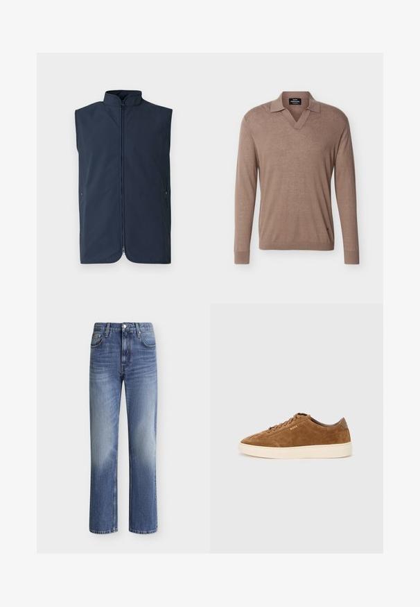 Veste sans manches bleu marine en tissu léger, dotée d'un col montant, d'une fermeture éclair avant et de poches latérales avec fermetures à pression.; Pull en maille marron à manches longues avec col et encolure en V, fabriqué en tissu léger, avec poignets et ourlet côtelés.; Jean denim bleu à coupe droite, design cinq poches, fermeture par bouton et zip, avec des détails légèrement délavés sur les cuisses avant.; Baskets en daim marron avec bout rond, semelle en caoutchouc crème et lacets ton sur ton. Présentent un logo en relief sur le côté et un panneau arrière lisse.