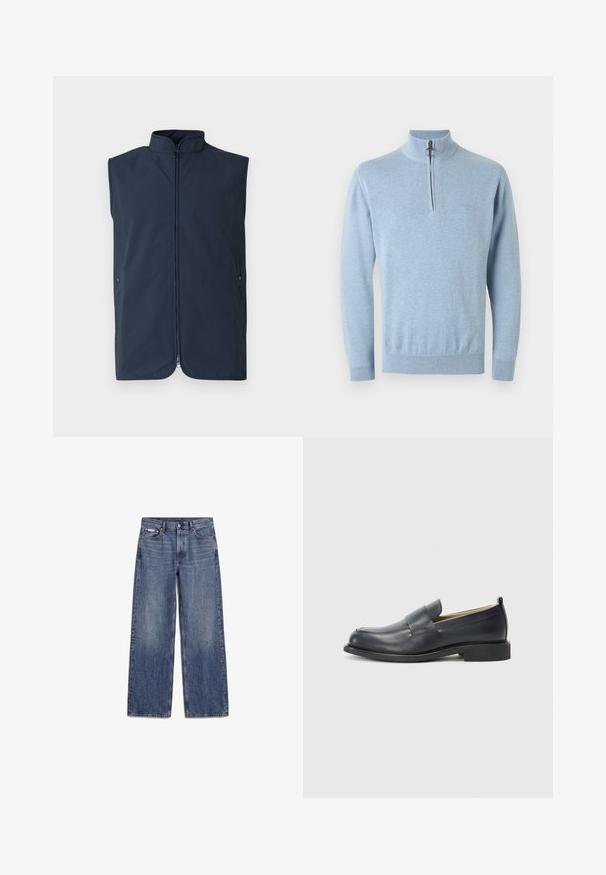 Veste sans manches bleu marine en tissu léger, dotée d'un col montant, d'une fermeture éclair avant et de poches latérales avec fermetures à pression.; Pull en maille bleu ciel à manches longues avec demi-fermeture éclair et tirette en anneau, poignets et ourlet côtelés, et logo brodé discret sur la poitrine gauche.; Jean en denim bleu coupe droite avec poches avant, passants de ceinture et fermeture par boutons, posé à plat sur fond blanc.; Mocassins en cuir noir avec une finition lisse, une semelle plate et un bout arrondi, ornés d'une sangle décorative sur le dessus.