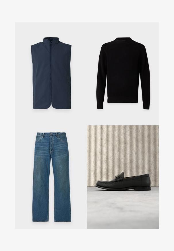 Veste sans manches bleu marine en tissu léger, dotée d'un col montant, d'une fermeture éclair avant et de poches latérales avec fermetures à pression.; Pull noir à manches longues côtelé avec col rond et poignets ajustés, présenté à plat sur un fond gris clair.; Jean en denim droit taille haute bleu avec fermeture à bouton, poches avant et détails décolorés sur les cuisses et les genoux.; Mocassin en cuir noir avec détail de mors en métal, présenté au-dessus d'un tapis beige, avec une table ronde marron en arrière-plan.