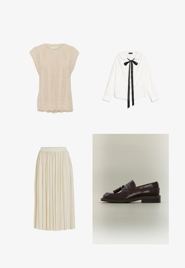 Haut en tricot beige clair avec un motif en dentelle, décolleté à volants et manches courtes. Texturé avec un design en losanges ajourés.; Blouse blanche à manches longues avec col Peter Pan, nœud en satin noir au cou et boutons en perles à l'avant.; Jupe midi couleur crème avec des plis verticaux étroits et une taille ajustée, présentée sur un fond blanc uni.; Mocassin en cuir marron foncé avec pampilles, talon bas et semelle cousue, montré de profil sur un fond neutre.