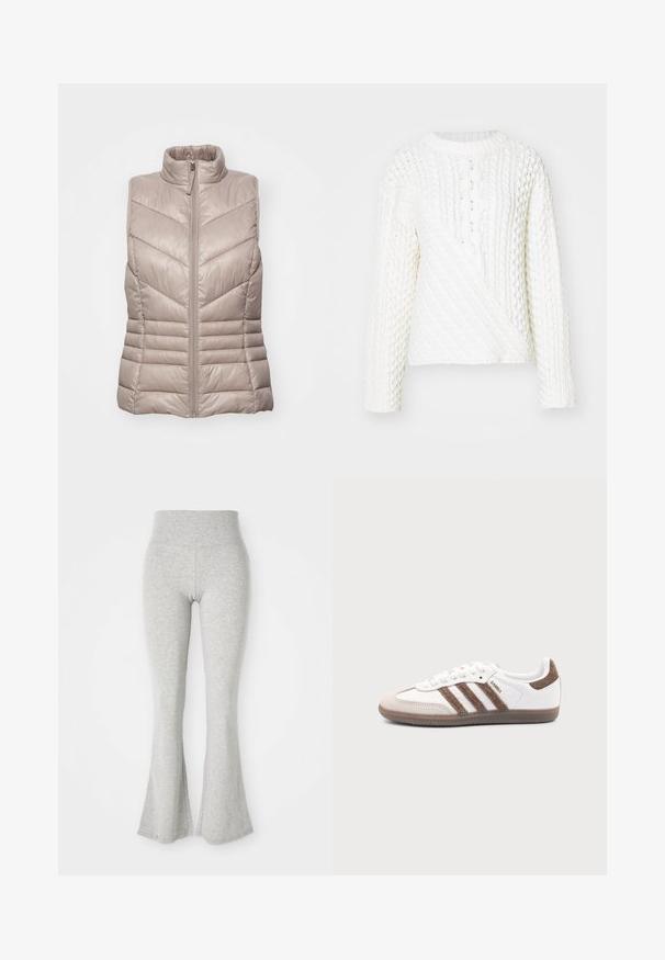 Gevulde, mouwloze vest in lichtbeige met een hoge kraag en chevron gestikte ontwerpelementen. Voorzien van een ritssluiting aan de voorkant en horizontale stiksels bij de taille.; Witte gebreide trui met een textuur kabelpatroon, ronde halslijn en lange mouwen. Het ontwerp heeft een diagonaal voorkantstuk.; Grijze uitlopende leggings van zacht materiaal, voorzien van een elastische tailleband en een gladde textuur, die uitlopen naar een flared afwerking aan de onderkant.; Witte Adidas Samba sneaker met bruine suède strepen, bruine rubberen zool en beige suède neuskap, getoond vanaf de buitenkant op een effen achtergrond.