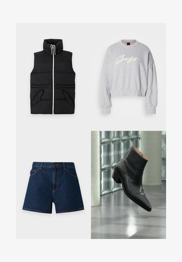 Zwarte gewatteerde vest met hoge kraag, vooraan met ritssluiting en twee gepaspelde zakken. Kenmerkt zich door contrasterende stiksels en een gladde textuur.; Grijze cropped sweatshirt van zacht materiaal, met een witte geborduurde 'Boss' logo aan de voorkant en elastische boorden aan de mouwen en onderkant.; Donkerblauwe denim shorts. Voorzien van een klassieke snit met een tailleband, voorzakken en zichtbare naden. Soepele textuur, minimalistisch ontwerp.; Zwarte leren enkellaars met een spitse neus en blokhak die zweeft boven een reflecterende grijze vloer nabij een glazen blokmuur.