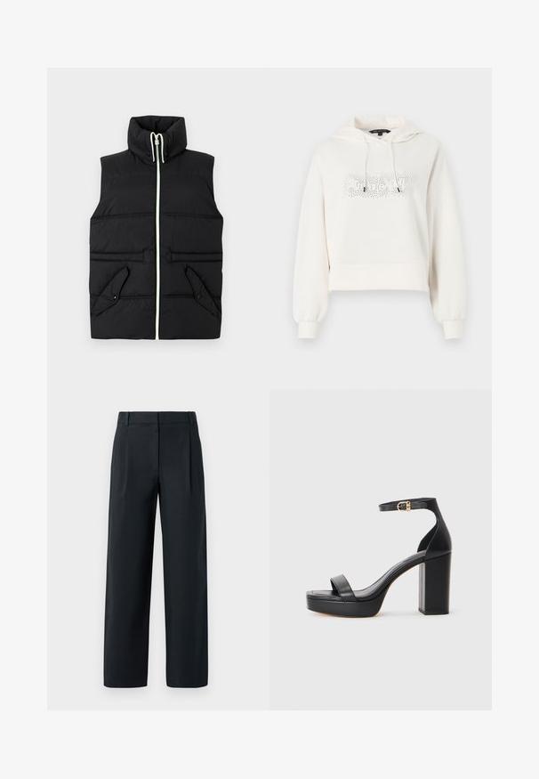 Zwarte gewatteerde vest met hoge kraag, vooraan met ritssluiting en twee gepaspelde zakken. Kenmerkt zich door contrasterende stiksels en een gladde textuur.; Witte cropped hoodie met een capuchon, trekkoorden en een sprankelende grafische tekstontwerp op de voorkant. Zachte stof en geribbelde manchet.; Zwarte op maat gemaakte broek met een rechte pijp, voorzien van voorplooien, een gladde textuur en ceintuurlussen. Geen zichtbare zakken.; Zwarte platform sandalen met een dikke blokhak, van glad leer, open teen ontwerp en een enkelband met een gouden gesp accent.