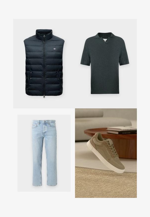 Veste sans manches matelassée noire avec col montant, fermeture éclair frontale, deux poches zippées et petit logo sur la poitrine.; Polo à manches courtes de couleur vert foncé, en tissu tricoté texturé, avec un col classique et une encolure en V. Silhouette simple et élégante.; Jean en denim bleu clair à coupe droite, fermeture avant par bouton et zip, passants de ceinture et cinq poches, dont un petit logo sur la poche droite.; Baskets décontractées beige avec des détails en mesh et en suède, semelle blanche, flottant au-dessus d'un tapis beige texturé dans un salon moderne.