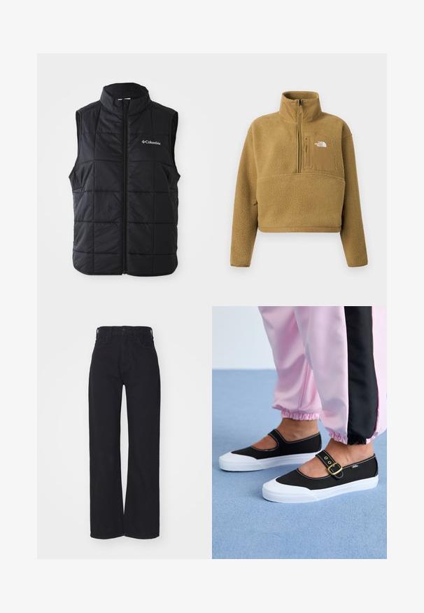 Sort puffer vest med høj krave, horisontalt quiltet mønster, frontlynlås og Columbia-logo på venstre bryst. Letvægtsmateriale.; Tan fleece pullover med halv lynlås i kraven, frontlomme og elastisk kant; har en blød, struktureret overflade og en hvid logoaccent.; Sorte højtaljede bredbenede jeans med frontknap og lynlås, bæltestropper og to forlommer på hvid baggrund.; Sorte lærredssko med en hvid sål, der har et udskæringsdesign og et guldspænde. Bæret med lyserøde træningsbukser.
