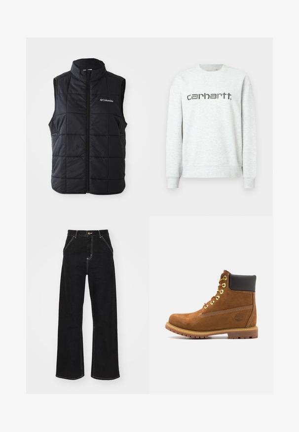 Sort puffer vest med høj krave, horisontalt quiltet mønster, frontlynlås og Columbia-logo på venstre bryst. Letvægtsmateriale.; Lys grå sweatshirt med rund halsudskæring, ribbede manchetter og kant. Har "carhartt." logoet trykt i mørkegrå over fronten.; Svarte jeans med vide ben lavet af denim. Har kontrastfuld hvid syning, forlommer og en knaplukning i taljen.; Brun ruskinds ankelstøvle med sort polstret krave, gyldne øjer, snørebånd foran og gummisål med et struktureret mønster.