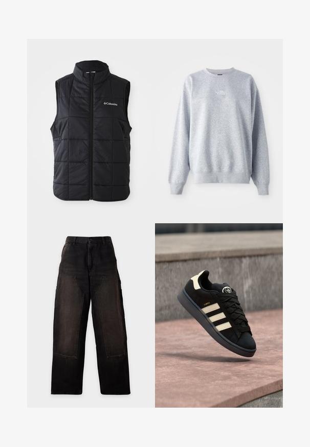 Sort puffer vest med høj krave, horisontalt quiltet mønster, frontlynlås og Columbia-logo på venstre bryst. Letvægtsmateriale.; Grå sweatshirt med lange ærmer, rund halsudskæring, ribbede manchetter og kant. Har et lille hvidt logo på brystet. Materialet er en blanding af bomuld.; Sorte bukser med vide ben, store forlommer og bæltestropper, vist mod en ensartet lys baggrund.; Sort ruskindsneakers med tre beige striber, rundt logo på tungen, flade snørebånd og en polstret sål, mærket "CAMPUS."