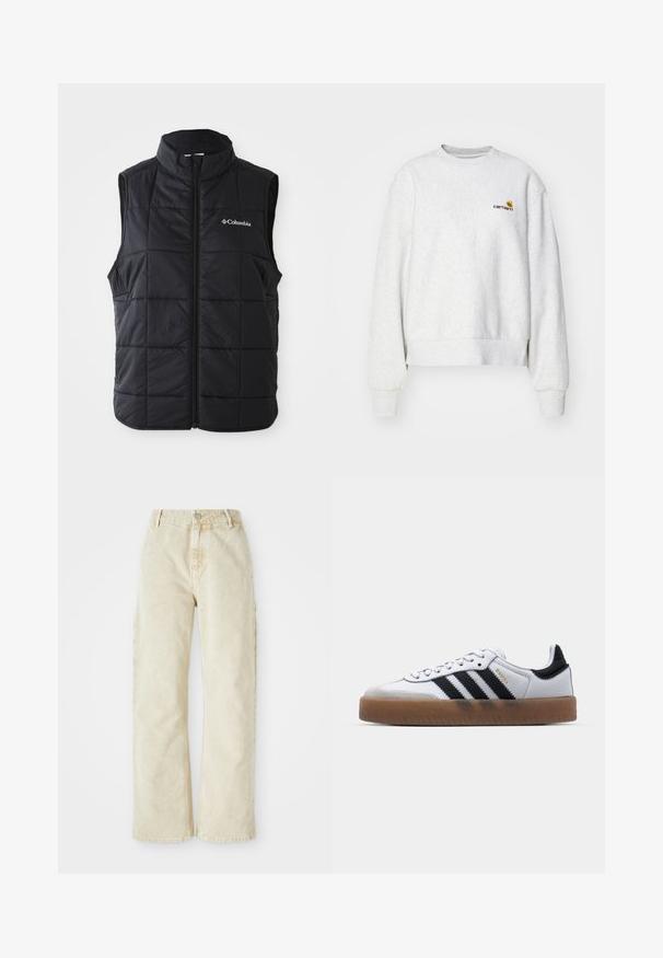 Zwarte puffer vest met een hoge kraag, horizontaal gestikt patroon, ritssluiting aan de voorkant en het Columbia-logo op de linkerkant van de borst. Lichtgewicht materiaal.; Grijze crewneck sweatshirt van een zachte stof met geribbelde manchetten en onderrand; voorzien van een geborduurd logo op de borst in geel en bordeauxrood.; Beige wijdvallende denimbroek met een hoge taille, voorzien van een knoop- en ritssluiting aan de voorkant, riemlussen en zijzakken. Zachte textuur.; Witte leren sneakers met zwarte strepen, gumrubberen buitenzool, ronde neus, vetersluiting en een zachte grijze suède neuskap.