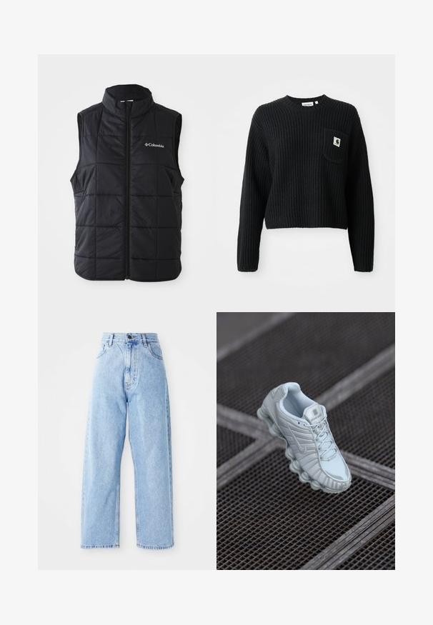 Schwarze Daunenweste mit hohem Kragen, horizontalem Steppmuster, Frontreißverschluss und Columbia-Logo auf der linken Brust. Leichtes Material.; Schwarzer gerippter Strickpullover mit rundem Ausschnitt, langen Ärmeln und einer Fronttasche mit einem kleinen Logopatch. Verkürzte Länge.; Hoch-taillierte hellblaue Jeans mit geraden, weiten Beinen, vorderem Knopf, Reißverschluss und Front- sowie Gesäßtaschen.; Helles blaues Sportschuh mit einer strukturierten Oberseite, ausgestattet mit einer abgerundeten Sohle mit zylindrischen Elementen und einem auffälligen Logo auf der Zunge.