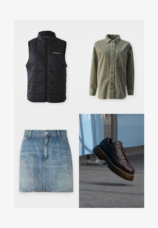 Sort puffer vest med høj krave, horisontalt quiltet mønster, frontlynlås og Columbia-logo på venstre bryst. Letvægtsmateriale.; Grøn corduroy skjorte med spids krave, lange ærmer, frontlomme og knaplukning med mørke knapper. Ribbede struktur gennem hele skjorten.; Denim mini nederdel med knapper foran, bæltestropper, buede forlommer og let slidte detaljer på lommer og kant.; Mørkebrun læderplatformsko med blomsterpatroner, gul syning og tyk gennemsigtig sål, der svæver over asfaltgaden.