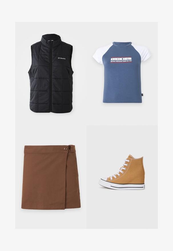Mustmust must vest, mille kõrge kraega, horisontaalselt tikitud muster, ees tõmblukuga ja Columbia logo vasakul rinnal. Kerge materjal.; Sinine ja valge raglaanvarrukatega t-särk, keskel rinnal logoga "Dickies Quality Workwear Built For Life".; Pruun puuvillast wrap-seelik, millel on vöökoha juures nööpidega sulgemine, sirge lõige ja puhtalt õmmeldud ääreosa.; Kohvikarva kõrged tossud, mis on valmistatud kanva materjalist, valgetest paeltest, kummist varbakaitsest ja musta triibuga sisepinnast. Tekstureeritud viimistlus ja õmblustead.