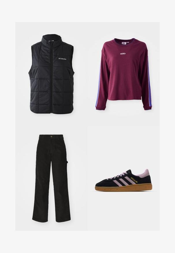 Čierny puffa vest s vysokým golierom, horizontálnym prešívaním, zipsom na prednej strane a logom Columbia na ľavej hrudi. Ľahký materiál.; Bordová košeľa s dlhým rukávom vyrobená z bavlny, s modro-bielymi pruhmi pozdĺž rukávov a logom na strede. Normálny strih.; Čierne kordurové nohavice s rovným strihom, ktoré majú zapínanie na gombík a bočné vrecko. Hladká textura s jemnými vertikálnymi pruhmi.; Čierne a ružové semišové tenisky s gumovou podrážkou, tri ružové pruhy, zlaté označenie "SPEZIAL" a textúrovaná gumená podrážka. Nízky dizajn.