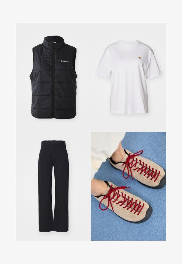 Sort puffer vest med høj krave, horisontalt quiltet mønster, frontlynlås og Columbia-logo på venstre bryst. Letvægtsmateriale.; Hvid bomulds-t-shirt med en afslappet pasform, korte ærmer og et lille broderet logo på venstre brystområde.; Sorte højtaljede bredbenede jeans med frontknap og lynlås, bæltestropper og to forlommer på hvid baggrund.; Beige sko med røde snørebånd, placeret på en blå tekstureret overflade, delvist synliggørende en persons ankel. Skoene har et sporty design.