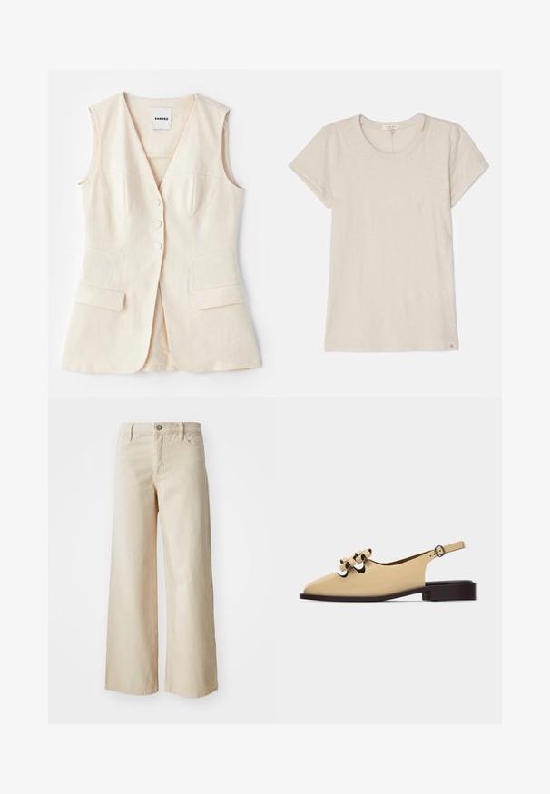 Gilet sans manches beige avec un corsage ajusté, six boutons, deux poches avant et des coutures courbées. Fabriqué en tissu léger.; T-shirt beige clair à manches courtes en tissu doux, avec un col rond et une petite étiquette logo en bas à gauche.; Jean large beige en denim, avec une taille haute, fermeture à bouton, passants de ceinture et poches latérales. Texture lisse et coupe décontractée.; Chaussure plate beige à bride arrière avec un petit talon marron foncé et deux sangles roulées décoratives sur le dessus.
