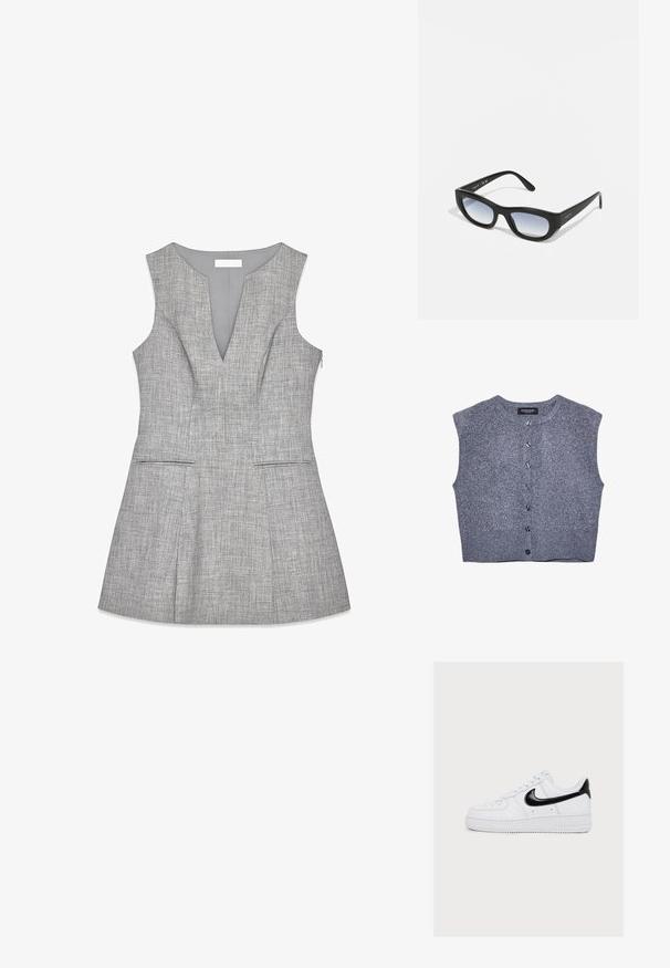 Grijze gebreide vest met een ronde hals, mouwloos ontwerp en knoopsluiting aan de voorkant. Heeft een geribbelde zoom en een gladde textuur.; Grijze mouwloze jurk met een V-hals, textuurstof en schuin lopende naden. De jurk heeft twee voorzakken en een ritssluiting aan de achterkant.; Witte lage sneaker met zwarte Nike-swoosh en hieltab, witte veters en perforaties op het teengebied.; Zwarte zonnebril met een chunky frame, rechthoekige vorm en gradient lenzen. Heeft de merknaam "vogue" op de zijtak.