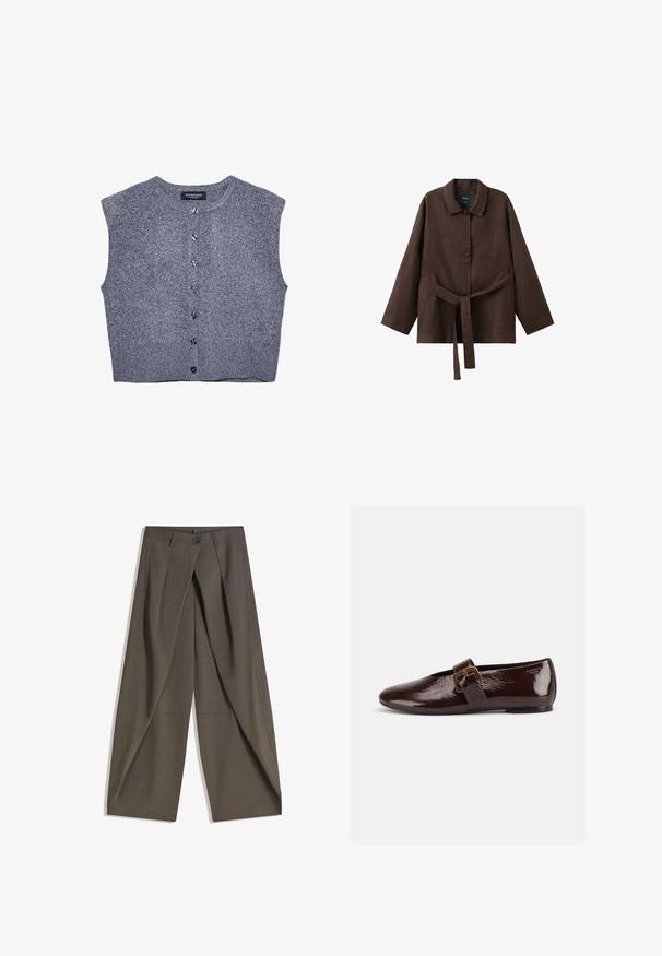 Grijze gebreide vest met een ronde hals, mouwloos ontwerp en knoopsluiting aan de voorkant. Heeft een geribbelde zoom en een gladde textuur.; Donkerbruine lange mouw jas met kraag, twee knopen en een bijpassende stoffen riem gestrikt in de taille.; Wijdvallende broek gemaakt van een gestructureerde, donkergrijze stof. Heeft een voorplooien, een knopenluiting en zijzakken voor praktische doeleinden.; Donkerbruine lakleren platte schoen met een grote gouden gesp en een afgeronde teen, zijaanzicht op een witte achtergrond.