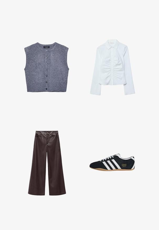 Grå strikket vest med rund halsudskæring, ærmeløs design og frontlukning med knapper. Har en ribbet kant og glat tekstur.; Hvid langærmet skjorte med knapper, spids krave og rynket detalje langs midten foran.; Brune faux læder wide-leg bukser med høj talje, der har forlommer og klassisk knaplukning. Glat tekstur og mat finish.; Sort ruskinds sneaker med hvide tre striber, guldlogo og en brun gummisål. Har et lavprofil snørebåndsdesign.