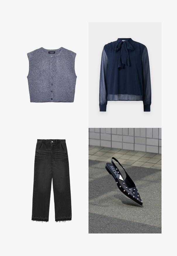 Grå strikket vest med rund halsudskæring, ærmeløs design og frontlukning med knapper. Har en ribbet kant og glat tekstur.; Marineblå gennemsigtig bluse med lange ærmer, bånd om halsen og knaplukning ved ærmerne, som har en let tekstureret stof.; Sorte denimbukser med lige ben. Har høj talje, rå kant og en diskret falmet struktur. Foran er der lommer.; Sort spids slingback-sko lavet af glat materiale, med sølvnitter, flad sål og logo på indersålen.