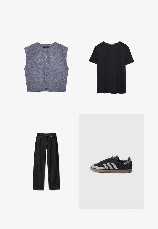 Grå strikket vest med rund halsudskæring, ærmeløs design og frontlukning med knapper. Har en ribbet kant og glat tekstur.; Simpel sort kortærmet bomulds T-shirt med rund hals, præsenteret på en hvid baggrund.; Mørke denim jeans med lige snit, messingknaplukning og kontrasterende gul syninger. Har fem lommer og et klassisk fit.; Sort sneaker med glitrende sølvdetaljer og tre hvide striber. Har en lavt skåret model, tekstureret overdel og brun gummisål.