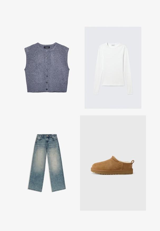 Grijze gebreide vest met een ronde hals, mouwloos ontwerp en knoopsluiting aan de voorkant. Heeft een geribbelde zoom en een gladde textuur.; Effen wit shirt met lange mouwen en ronde hals, slim fit, afgebeeld tegen een lichtgrijze achtergrond.; Blauwe denim wijdere broek met een vervaagde wassing, vijfzakkenontwerp, riemlussen en knoopsluiting, plat gelegd op een witte achtergrond.; Bruine suede instap schoen met een zachte, witte bontvoering, vlakke rubberen zool, ronde neus en een kleine trekflap aan de hiel.