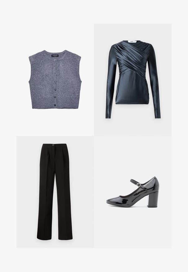 Grå strikket vest med rund halsudskæring, ærmeløs design og frontlukning med knapper. Har en ribbet kant og glat tekstur.; Langærmet top i mørk navy satin med samlede detaljer foran og glat tekstur, der har en rund halsudskæring og tætsiddende silhuet.; Sorte bukser med lige ben, der har frontfolder, knaplukning og et glat, struktureret stof.; Sorte patenterede læder højhælede sko med rund tå, ankelrem og blok hæl. Skinnende overflade med en glat tekstur.
