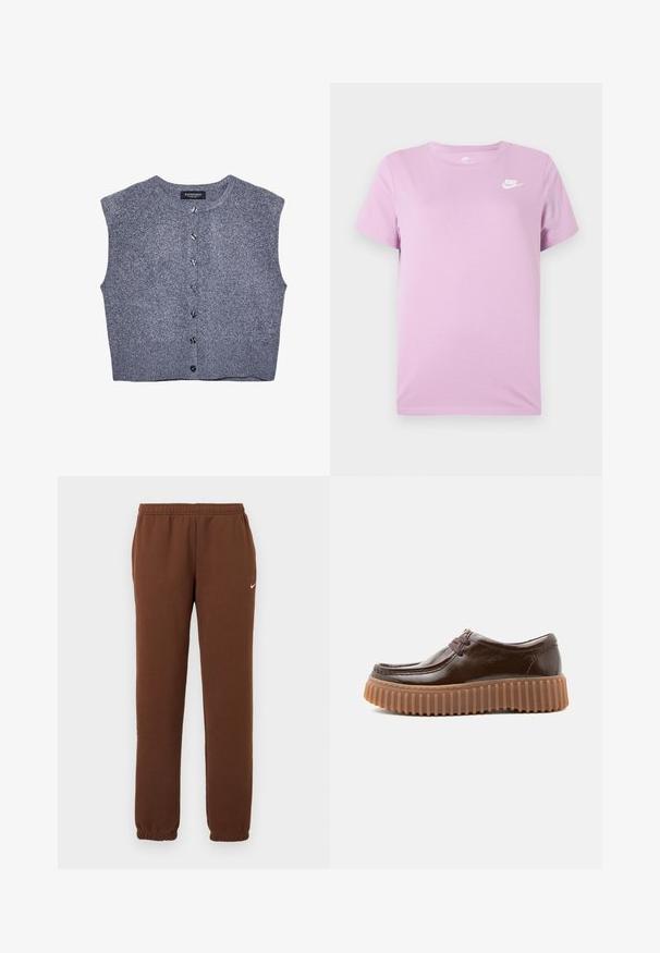 Grå strikket vest med rund halsudskæring, ærmeløs design og frontlukning med knapper. Har en ribbet kant og glat tekstur.; Lilla T-shirt med korte ærmer fra Nike med hvidt Nike-logo på den øverste venstre bryst, rund halsudskæring og ensfarvet stofbaggrund.; Brune Nike joggingbukser med elastisk talje og manchetter, lille hvid Nike Swoosh-logo på venstre lår, ensfarvet baggrund.; Mørkebrun læder snørestøvle med tyk, rillede gummisål, vist i profil på hvid baggrund.