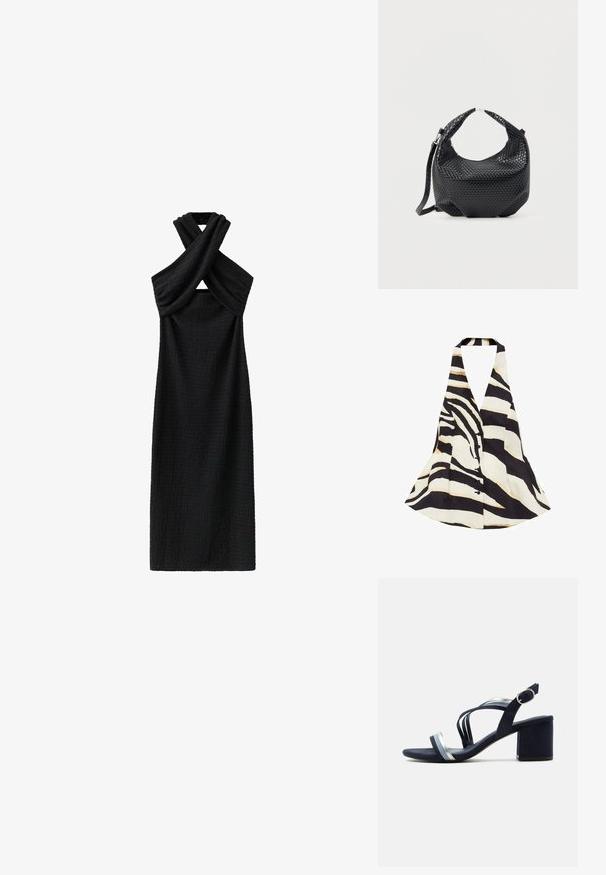 Halter-neck top med et sort og creme zebra-stribe mønster, med en flagrende design og knaplukning foran. Stof har en blød tekstur.; Sort ærmeløs midikjole med tekstureret stof og en snoet halterneck, der skaber en lille udskæring foran.; Navyblå hælsandal med sølv og lyseblå remme, ankelspænde og blokhæl på hvid baggrund.; Sort flettet læderhåndtaske med kort håndtag og aftagelig skulderrem, vist mod en ensfarvet lys baggrund.