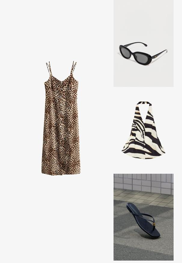 Halter-neck top med et sort og creme zebra-stribe mønster, med en flagrende design og knaplukning foran. Stof har en blød tekstur.; Ærmeløs leopardprint midikjole med tynde dobbelte stropper og knaplukning foran.; Sort læder-flipflop med en guldfarvet dekoration spænde, hvilende på tekstureret belægning tæt på flisebelagt væg i udendørs omgivelser.; Sorte ovale solbriller med mørke linser og et gyldent "C"-logo på stangen, vist mod en ensfarvet hvid baggrund.