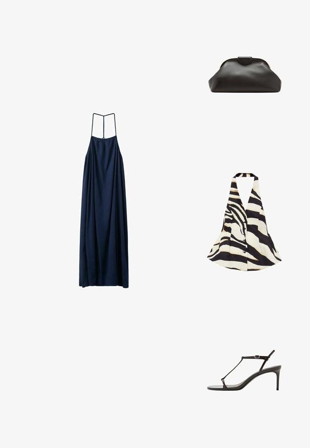 Halter-neck top med et sort og creme zebra-stribe mønster, med en flagrende design og knaplukning foran. Stof har en blød tekstur.; Lang mørkeblå ærmeløs kjole med tynde stropper og en løs, flydende silhuet.; Sort blankt læder damesandal med hæl, tynd T-rem og justerbar ankelspænde, slank mellemhøj hæl.; Blød sort læder clutch taske med en rundet ramme og en lille lukning i toppen midt på.