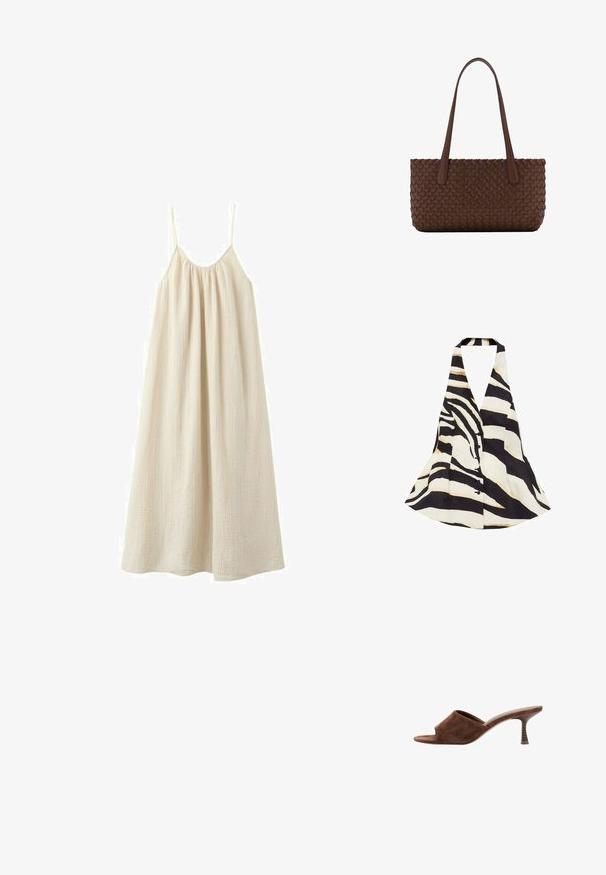 Halter-neck top med et sort og creme zebra-stribe mønster, med en flagrende design og knaplukning foran. Stof har en blød tekstur.; Løs, ærmeløs beige maxikjole med tynde spaghettistropper og rynket halsudskæring, lavet af let tekstureret stof.; Brun ruskind åben tå mule med mellemhøj, buet træsko hæl og slip-on design på en hvid baggrund.; Brun læderhåndtaske med et vævet teksturmønster, med to lange, slanke håndtag til skulderbæring.