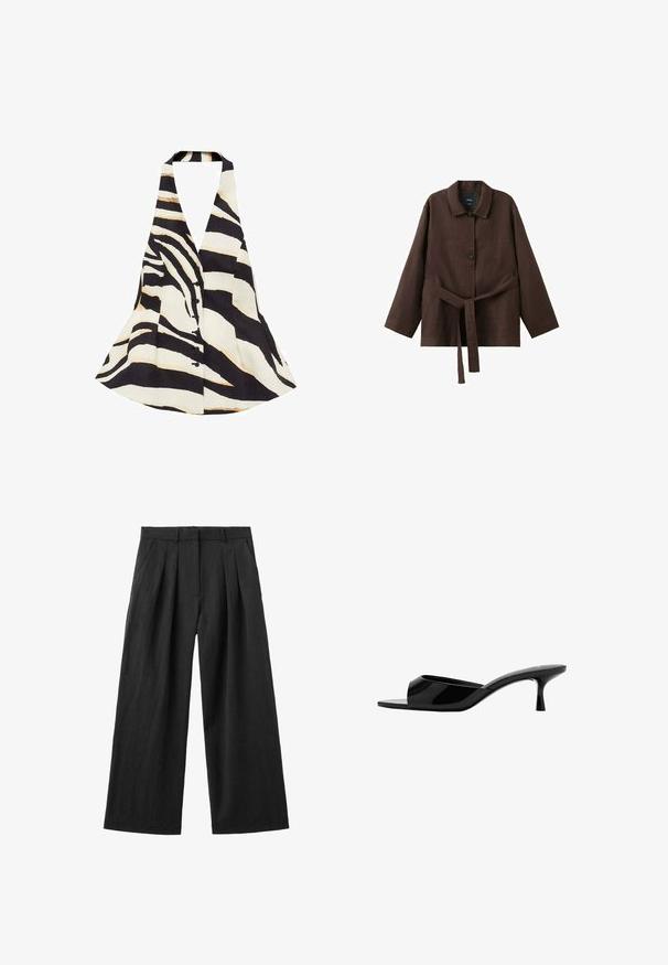 Halternek top met een zwart en crèmekleurig zebra-strijkpatroon, met een uitlopend ontwerp en een voorste knoopsluiting. De stof heeft een zachte textuur.; Donkerbruine lange mouw jas met kraag, twee knopen en een bijpassende stoffen riem gestrikt in de taille.; Zwarte broek met wijde pijpen, voorplooien, riemlussen en een hoge taille, platliggend tegen een witte achtergrond weergegeven.; Zwarte lakleren muil met open teen, lage, smalle kittenhak en slip-on ontwerp.