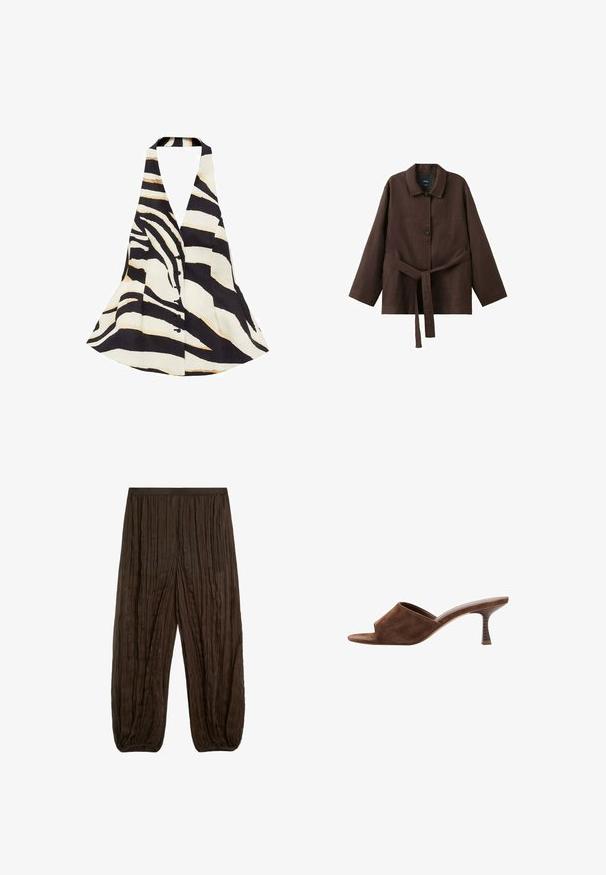 Halter-neck top med et sort og creme zebra-stribe mønster, med en flagrende design og knaplukning foran. Stof har en blød tekstur.; Mørkebrun langærmet jakke med krave, to knapper og et matchende bælte i stof bundet om taljen.; Brune løstsiddende bukser med krøllet tekstur og elastiske manchetter ved anklerne og taljen.; Brun ruskind åben tå mule med mellemhøj, buet træsko hæl og slip-on design på en hvid baggrund.
