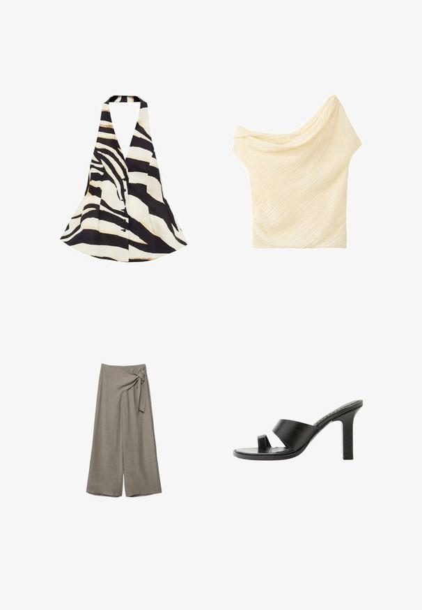 Halternek top met een zwart en crèmekleurig zebra-strijkpatroon, met een uitlopend ontwerp en een voorste knoopsluiting. De stof heeft een zachte textuur.; Sjaal van crèmekleurige, lichte, gestructureerde stof, gevouwen met zachte plooien tegen een witte achtergrond.; Taupekleurige wijde broek met een hoge taille en een stoffen strikdetail aan de rechterkant.; Zwarte sandaal met hoge hak, brede band over de voet en teenlus, zijaanzicht op een witte achtergrond.