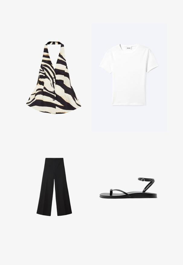 Halter-neck top med et sort og creme zebra-stribe mønster, med en flagrende design og knaplukning foran. Stof har en blød tekstur.; Ensfarvet hvid t-shirt med korte ærmer og rund halsudskæring med en lille "WEEKDAY" label indeni halskanten, vist fladt på en lys baggrund.; Sorte vide bukser lavet af et glat stof, med høj talje og stikninger foran for ekstra volumen. Ingen synlige lukninger eller lommer.; Sort flad sandal med tynde remme, tåloop og anklerem med en lille rund spænde, vist i sideprofil.