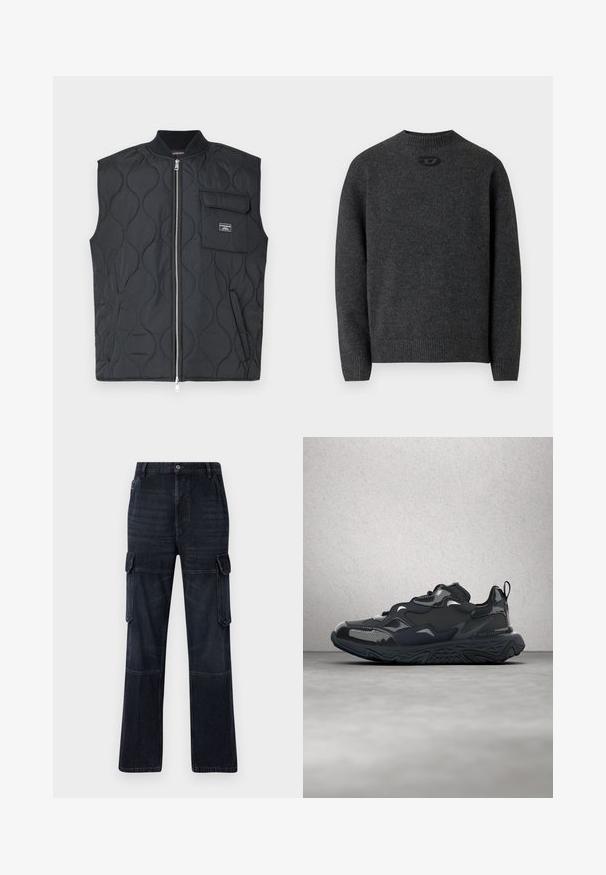 Chaleco acolchado negro con cuello alto, cremallera frontal y un único bolsillo en el pecho. Presenta un patrón de ondas y un detalle de marca en el bolsillo.; Suéter gris oscuro hecho de tela de punto suave, con cuello redondo y puños y dobladillo acanalados. Incluye un pequeño detalle de logo en la parte trasera.; Pantalones cargo de mezclilla oscura con un ajuste relajado, que cuentan con dos bolsillos laterales, paneles en las rodillas y costuras en contraste. Cierre con botón metálico en la cintura.; Zapatilla de correr negra con parte superior texturizada, detalles suaves y suela gruesa con dibujo de ondas, diseñada para ofrecer comodidad y durabilidad.