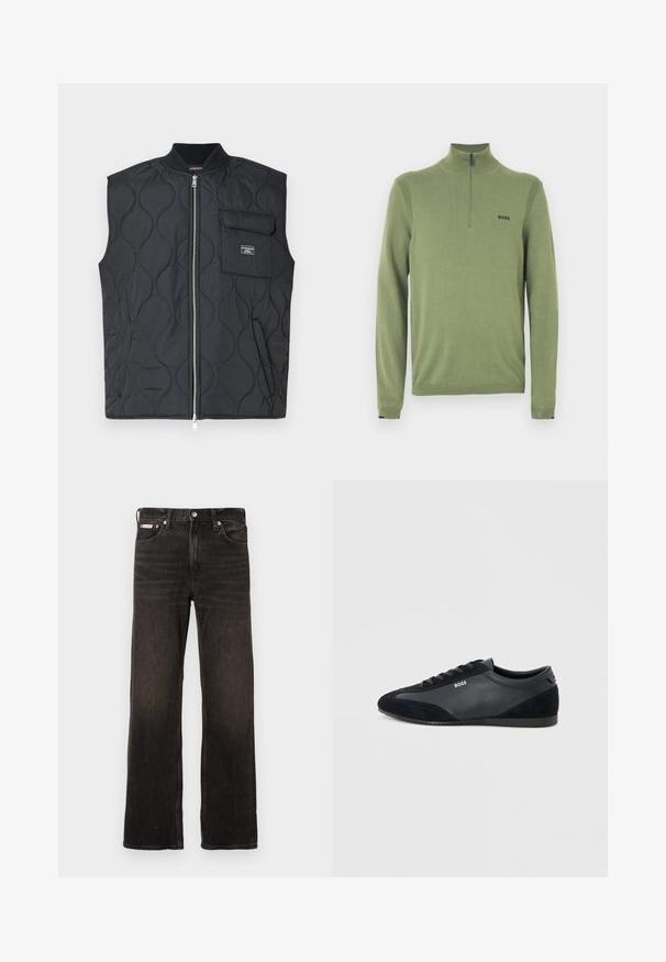 Schwarze gesteppt Weste mit hohem Kragen, Frontreißverschluss und einer einzelnen Brusttasche. Verfügt über ein Wellendesign und ein Markenakzent auf der Tasche.; Grüner Pullover mit hohem Kragen und halbem Reißverschluss. Verfügt über gerippte Akzente an den Schultern und ein schwarzes "BOSS"-Logo auf der Brust.; Schwarze Jeans aus Denim mit geradem Bein, verblasstem Finish, fünf Taschen und Metallknopfverschluss. Mit leichten Waschungen.; Schwarzer niedriger Schnürsneaker aus Leder- und Wildlederpaneelen, flacher Sohle und BOSS-Logo an der Seite.