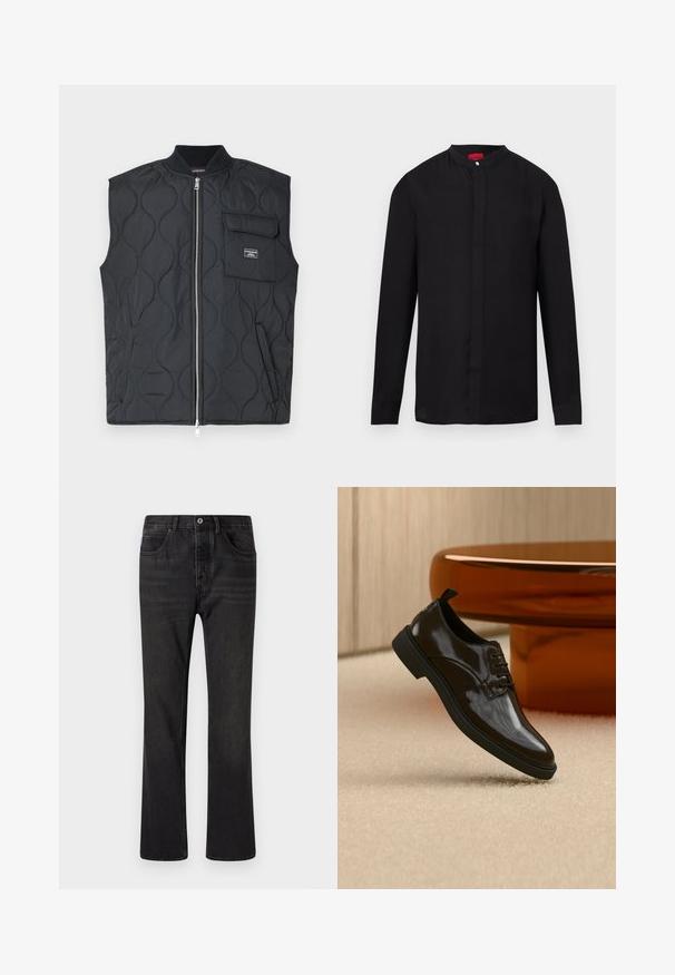 Schwarze gesteppt Weste mit hohem Kragen, Frontreißverschluss und einer einzelnen Brusttasche. Verfügt über ein Wellendesign und ein Markenakzent auf der Tasche.; Schwarzes Langarmhemd mit Stehkragen und verdeckter Knopfleiste, dargestellt vor weißem Hintergrund.; Schwarze Jeans aus Denim mit geradem Bein Design, fünf Taschen und einem vorderen Knopfverschluss. Strukturierte Oberfläche mit subtilen Ausbleichungsdetails.; Schwarzer glänzender Lederschnürschuh, der über einem beigen Teppich mit einem glänzenden braunen runden Tisch im Hintergrund schwebt.