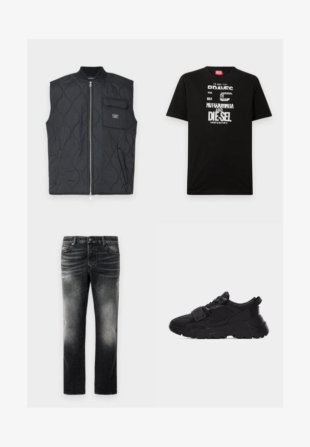 Chaleco acolchado negro con cuello alto, cremallera frontal y un único bolsillo en el pecho. Presenta un patrón de ondas y un detalle de marca en el bolsillo.; Camiseta negra de algodón con gráficos de texto blanco llamativos, que incluyen "DIESEL" e "INDUSTRY", con cuello redondo y mangas cortas.; Jeans negros con acabado desgastado y toques rasgados, diseño estándar de cinco bolsillos y cierre con cremallera. Elaborados en tela de denim.; Zapatilla deportiva negra de suela gruesa con paneles de malla y cuero, suela gruesa y texturizada, cierre de cordones y una correa con tachuelas metálicas sobre los cordones.