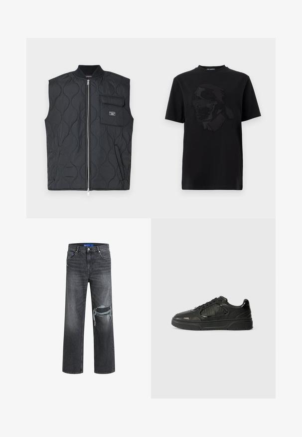 Chaleco acolchado negro con cuello alto, cremallera frontal y un único bolsillo en el pecho. Presenta un patrón de ondas y un detalle de marca en el bolsillo.; Camiseta negra de manga corta con gráfico en relieve de un hombre con gafas de sol y cuello alto, centrado en la parte delantera.; Jeans de mezclilla negra con un corte relajado, que presentan detalles desgastados y pierna ancha. La textura es suave con un ligero desvanecimiento.; Zapatilla baja negra con paneles texturizados, parte delantera con cordones, suela de goma y logotipo "KARL" en el lateral y en el tirador del talón.