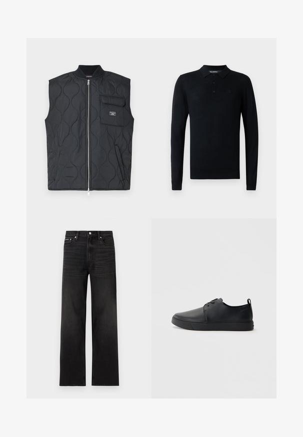 Chaleco acolchado negro con cuello alto, cremallera frontal y un único bolsillo en el pecho. Presenta un patrón de ondas y un detalle de marca en el bolsillo.; Camisa polo negra de manga larga hecha de tela ligera, con un cuello clásico, una tapeta de tres botones y un logo sutil en el pecho.; Jeans negros de pierna recta con diseño de cinco bolsillos, presillas para cinturón y cierre de botón, mostrados sobre un fondo blanco.; Zapatilla negra de cuero con acabado suave, punta redondeada, costuras a tono, cordones en la parte delantera y suela de goma plana. Asa en el talón.