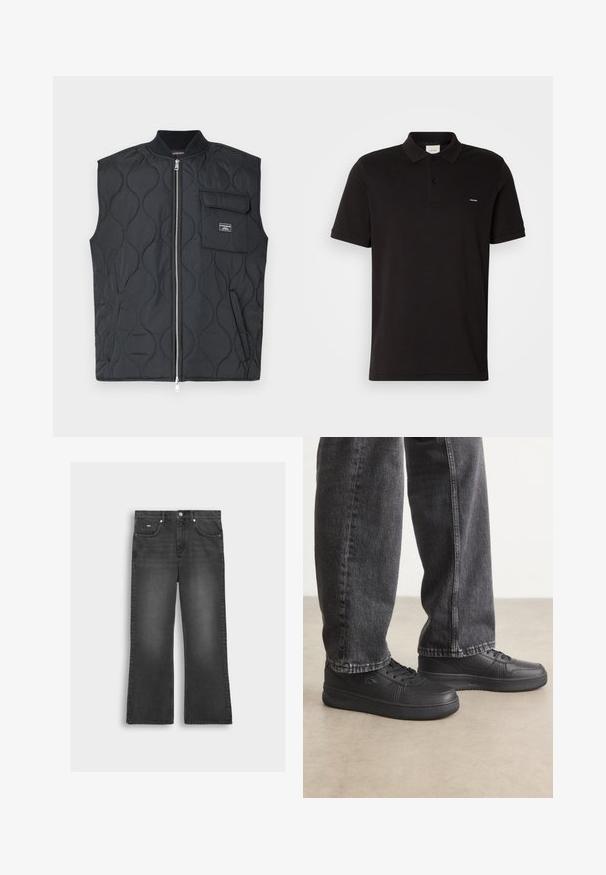 Schwarze gesteppt Weste mit hohem Kragen, Frontreißverschluss und einer einzelnen Brusttasche. Verfügt über ein Wellendesign und ein Markenakzent auf der Tasche.; Schwarzes Baumwollpolohemd mit klassischen Kragen, zwei vorderen Knöpfen und einem kleinen Logo auf der linken Brust. Kurze Ärmel und gerader Saum.; Schwarze, ausgestellte Jeans aus Denim mit einem ausgewaschenen Finish, ausgestattet mit einem vorderen Knopfverschluss, Gürtelschlaufen und zwei Seitentaschen.; Schwarze Leder-Sneaker mit flachen Schnürsenkeln, glatter Textur, dezenten Perforationen und Logo-Detail, kombiniert mit dunklen Jeans.