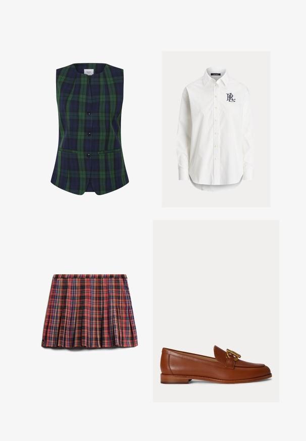 Gilet sans manches à carreaux en vert et marine avec une forme structurée, présentant un décolleté droit, une fermeture à boutons sur le devant et des poches latérales.; Chemise blanche à manches longues boutonnée avec col pointu et logo noir brodé sur la poitrine gauche.; Jupe plissée à carreaux rouges avec des accents noirs, bleus et jaunes. Dotée d'une taille élastique et d'un tissu texturé pour un intérêt visuel.; Mocassin en cuir marron avec talon bas empilé et détail de boucle en métal doré sur le dessus, présenté en profil latéral sur un fond uni.