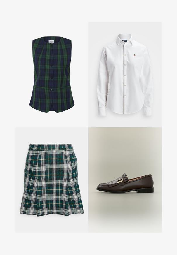 Gilet sans manches à carreaux en vert et marine avec une forme structurée, présentant un décolleté droit, une fermeture à boutons sur le devant et des poches latérales.; Chemise blanche à manches longues en coton, dotée d'un col classique et d'un petit logo brodé sur la poitrine.; Hollister Co. PLEATED MINI SKIRT - Minijupe - green; Mocassin en cuir marron foncé avec détail à franges et boucle dorée sur fond neutre, vue latérale.