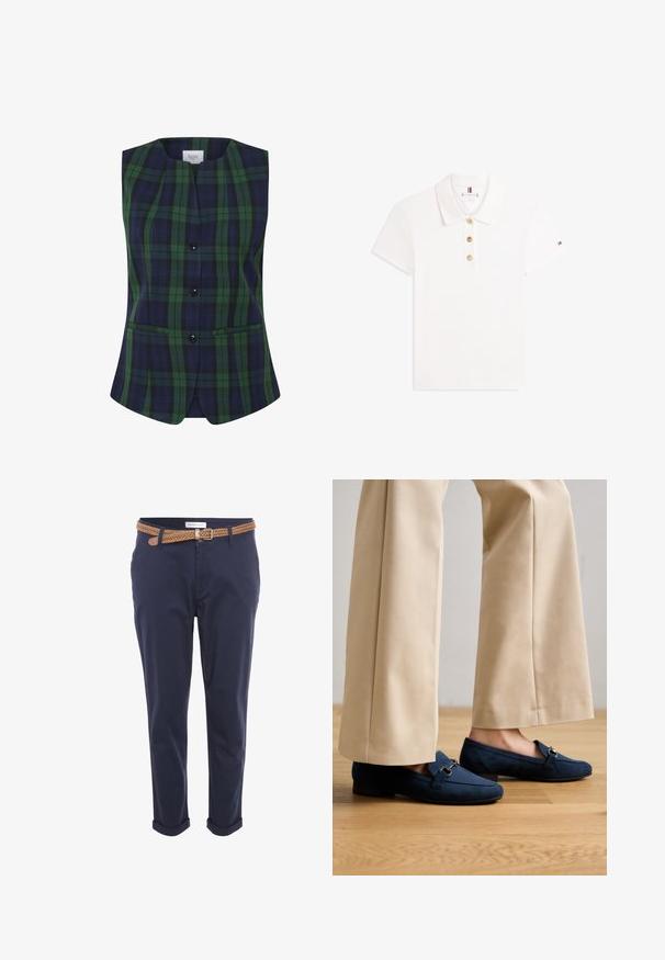 Rutet ærmeløs vest i grøn og marineblå med en stram form, der har en lige udskæring, frontlukning med knapper og sidelommer.; Hvid kortærmet polo med krave og tre beige knapper foran, lille logo på venstre ærme.; Marineblå chinos med opsmøg, lavet af bomuld, med et vævet tan bælte og rektangulær spænde. Minimalistisk design og glat tekstur.; Mørkeblå fløjlsloafers med rund tå, lille hæl og sølvhardwaredetalje over toppen. Båret med beigefarvede bukser med brede ben.