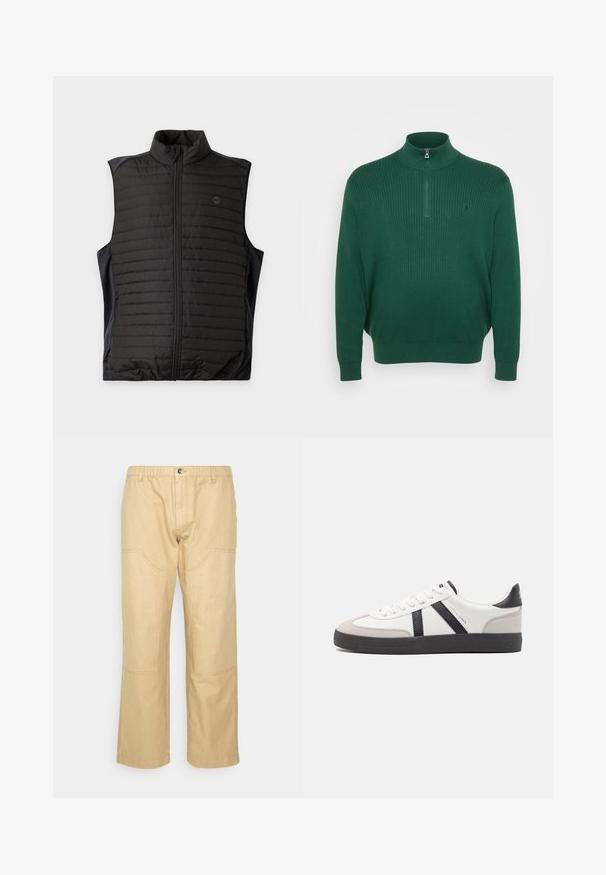 Sort quiltet ærmeløs vest med lynlås foran og ståkrave, vist fladt på en lys baggrund.; Mørkegrøn ribstrikket sweater med høj krave og halv lynlås, der har et lille broderet logo på brystet.; Redefined Rebel RRJASON PANTS PLUS - Bukser - travertine; Hvide sneakers med sorte og grå detaljer, med en tekstureret grå tåhætte, sort gummisål og flade hvide snørebånd. Rent design, minimalistisk stil.