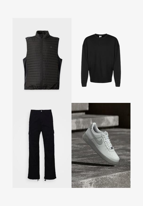 Zwarte doorgestikte mouwloze bodywarmer met rits aan de voorkant en opstaande kraag, plat weergegeven op een lichte achtergrond.; Zwarte lange mouw crewneck sweatshirt met geribbelde manchetten en een relaxte pasvorm, tentoongesteld tegen een witte achtergrond.; Zwarte cargobroek met een rechte pijpdesign, voorzien van twee zijzakken en verstelbare trekkoordrokken. Gemaakt van een duurzame stof.; Witte Nike Air Force 1 sneaker zwevend boven een geribbelde betonnen ondergrond met stenen traptreden op de achtergrond.