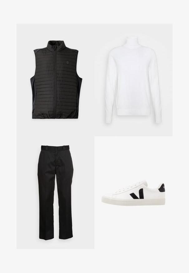 Sort quiltet ærmeløs vest med lynlås foran og ståkrave, vist fladt på en lys baggrund.; Hvid turtleneck sweater med lange ærmer, lavet af glat stof. Har et tætsiddende design og ribbede manchetter og kant. Ingen mønstre eller accenter.; Sorte bukser lavet af et glat stof med lige ben, bæltestropper og to sidelommer. Klassisk look uden udsmykninger.; Hvide lædersneakers med sorte ruskindsdetaljer; har en gummisål, rund tå og klassisk snørebåndsdesign. Side logo i sort.