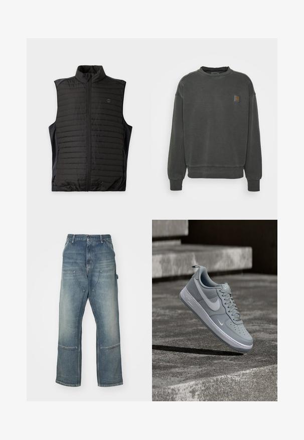 Must quiltidega varrukateta vest ees tõmblukuga ja püstkraega, esitatud lahtiselt heledal taustal.; Carhartt WIP NELSON - Pusa - black garment dyed; Heledad sinise värvi teksad, millel on mugav lõige, valmistatud denimist. Omab laia jalga, suuri esipause ja kontrastset tikandit.; Hall hall Nike Air Force 1 tennisejalanõu valge Swoosh logoga, hõljuv tekstureeritud betoonpinna ja treppide kohal taustal.