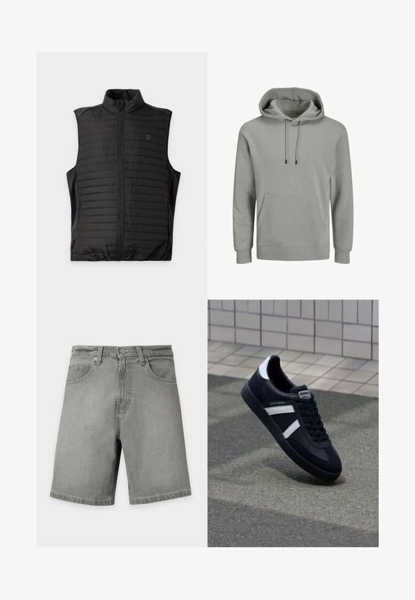 Zwarte doorgestikte mouwloze bodywarmer met rits aan de voorkant en opstaande kraag, plat weergegeven op een lichte achtergrond.; Lichtgrijze hoodie met een voorzak, verstelbare trekkoorden voor de capuchon, ribgebreide manchetten en een zachte katoenmix textuur. Eenvoudig, ongecompliceerd ontwerp.; Grijze denimshorts met voorzakken, riemlussen, knoopsluiting en een eenvoudig stikselontwerp op een witte achtergrond.; Zwarte leren sneaker met witte strepen, een gestructureerde rubberen zool en vetersluiting aan de voorkant. Voorzien van een merklabel op de tong.