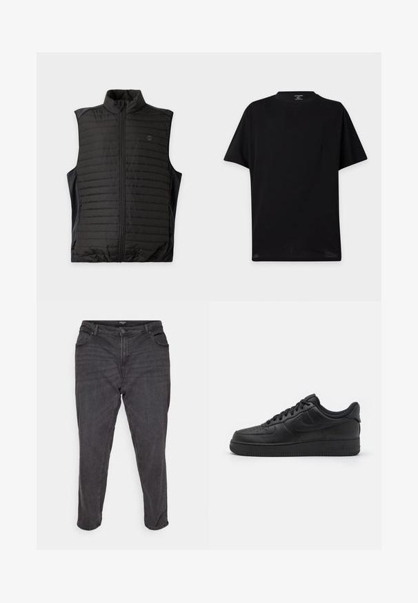 Sort quiltet ærmeløs vest med lynlås foran og ståkrave, vist fladt på en lys baggrund.; Ensfarvet sort T-shirt med korte ærmer og rund hals uden synlige logoer eller designs vist mod en lys baggrund.; Sorte denim jeans med lige ben, der har en knaplukning, sidelommer og subtile falmninger, hvilket giver et klassisk udseende.; Nike Sportswear AIR FORCE 1 07 FLYEASE - Sneakers - black